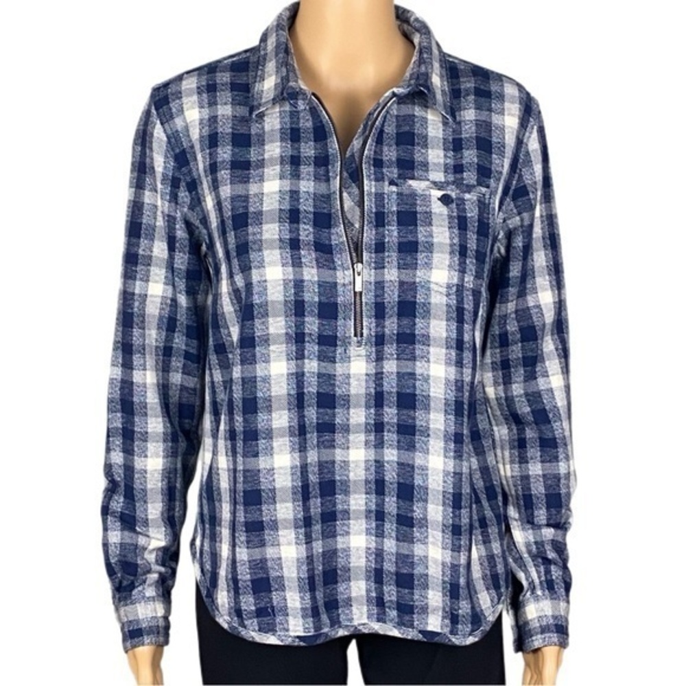 TOAD & CO. “Bodie” navy and white plaid 1/2 zip shirt with pocket. Size XS. EUC
